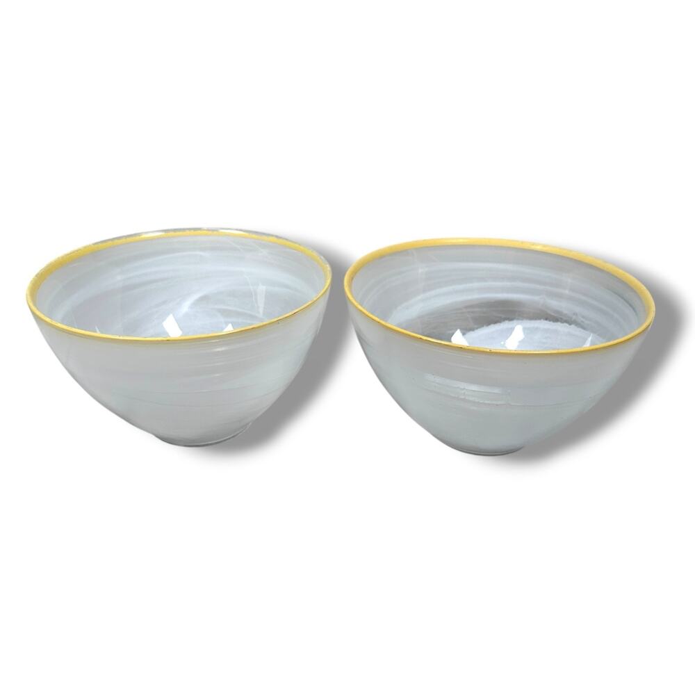 ArdaCam Art of Tabletop Turkish Glass Bowls 6" White Swirl‎ Yellow Rim Lot of 2
